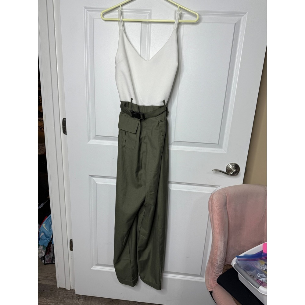 Olive Green Belted‎ Jumpsuit White Top Medium Women's Casual Workwear